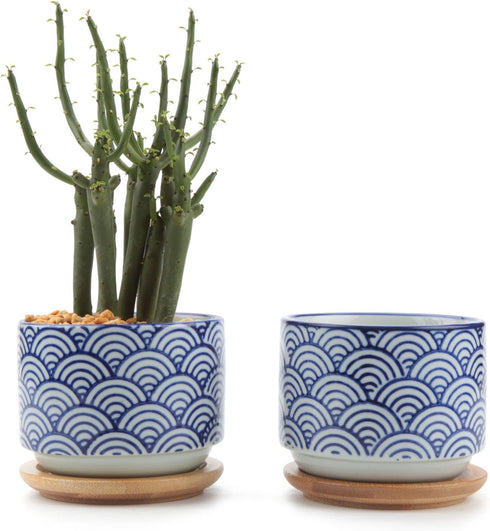 T4U 3 Inch Ceramic Succulent Planter Pots with Bamboo Tray Set of 2, Japanese Style Porcelain Handicraft as Gift for Mom Sister Aunt Best for Home...