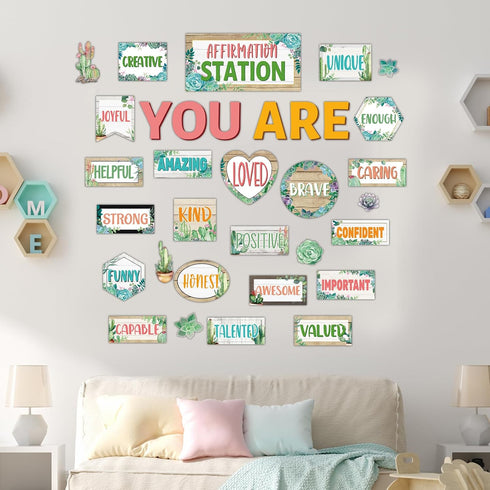 Affirmation Station Bulletin Board Set Cactus Motivational Posters for Classroom You Are Positive Accent Cutouts Inspirational Decoration for Home...