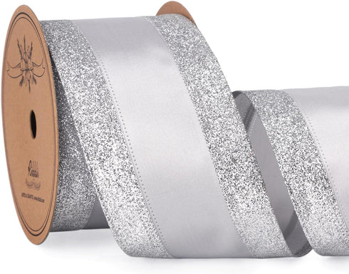Ribbli Silver Wired Ribbon Satin with Silver Glitter Edge 2.5 Inch Silver Christmas Ribbon for Tree Gift Wrapping Wreaths Garland Topper Bows Craf...