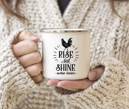 Andaz Press 11oz. Stainless Steel Hot Chocolate Campfire Coffee Mug, Rise And Shine Mother Cluckers, 1-Pack, Farm Chicken Barn Metal Enamel Campin...