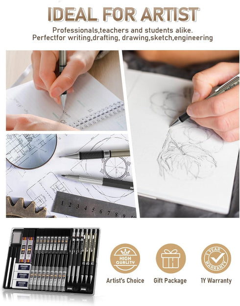 Nicpro 35PCS Art Mechanical Pencil Set, 3 PCS Metal Drafting Pencil 0.5 mm & 0.7 mm & 0.9 mm & 3 PCS 2mm Lead Holder (6B 4B 2B HB 2H 4H Colors) Fo...