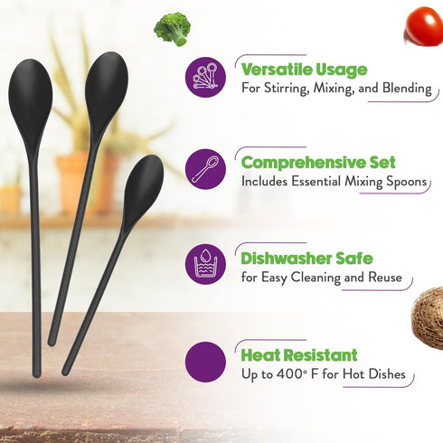 Crisp 3 Piece Poly Mixing Spoon Set - Plastic, Durable Kitchenware, Dishwasher Safe - Made in the USA - Black...