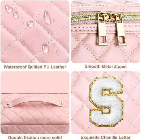 Initial Makeup Bag, Quilted Letter Cosmetic Bag Cute Make Up Bag with Handle Portable Travel Toiletries Bag Pink, Personalized Birthday Gift for W...