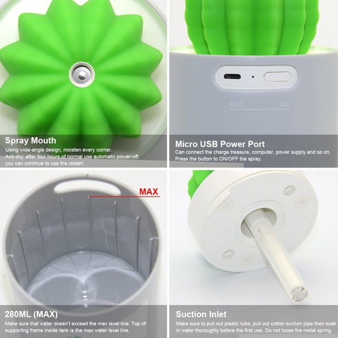 USB Cool Mist Humidifier,Mini Size Cactus Humidifier Ultra-Quiet Operation for Office Home Bedroom Baby Room 280ML 50ml/h(Grey)...