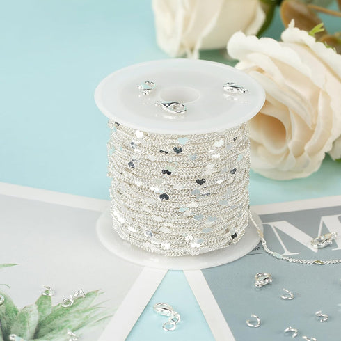 UMAOKANG 10 Meters Silver Chains for Jewelry Making, Silver Plated Brass Flat Heart Curb Link Chain Women Necklace Bracelet DIY Jewelry Chains Bul...
