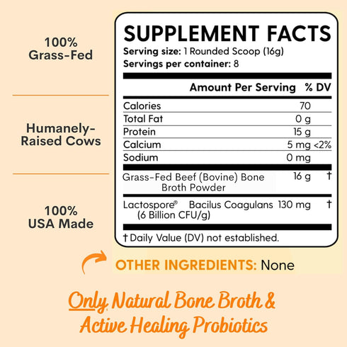 100% Grass-Fed Organic Beef Bone Broth Protein Powder, Active Probiotics, Collagen Peptide Rich, 15g Protein, Non-GMO, Low Sodium, Healthy Skin, G...