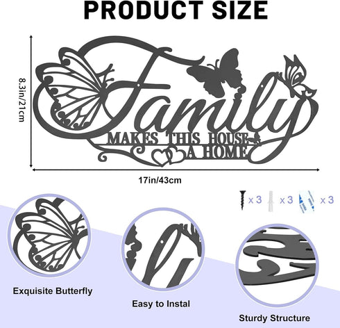 Family Metal Wall Decor Word Sign, Black Family Makes This House A Home Art Butterflies Love Heart Wall Hanging Sculpture, Iron Letters Quotes for...