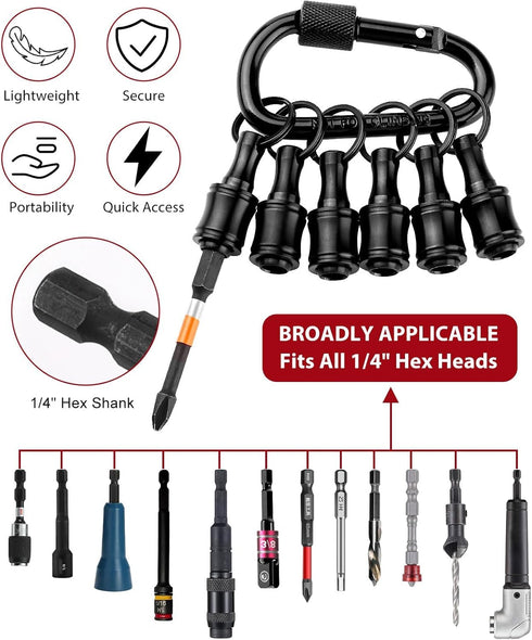 6pc Portable Bit holder Keychain, 1/4in Hex Shank Black Screwdriver Bit Clip for Impact Driver Flexible Drill Bit Extension Nut Driver W/ Carabine...