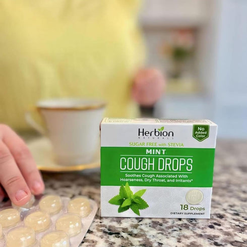 HERBION Naturals Cough Drops, Sugar Free with Stevia, Dietary Supplement, Soothes Cough, for Adults & Children Over 6 Years, 18 Count, Mint, Pack ...