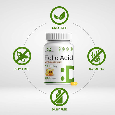 DEAL SUPPLEMENT Folic Acid 1000 mcg (1 mg), 500 Coconut Oil Softgels | Bioavailable Prenatal Vitamins (Vitamin B9) – 1,667 mcg DFE – Easy to swall...