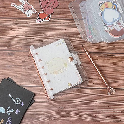A7 Binder Cover Glitter Powder PVC Budget Binder Rose Gold 6 Round Ring Binders Snap Button Closure Loose Leaf Folders Refillable Soft PVC Noteboo...