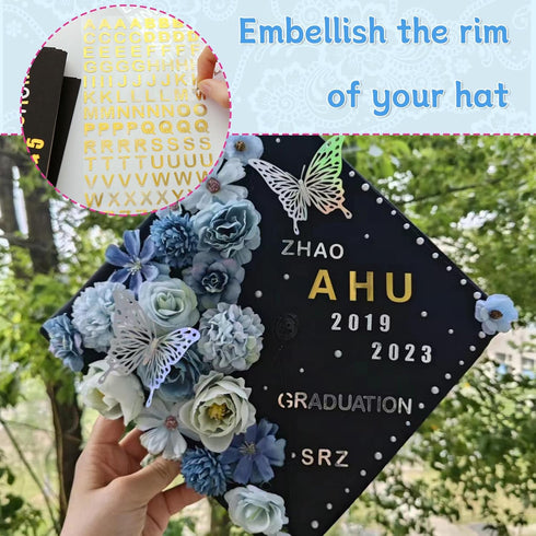 44 Pieces Graduation Cap Decorating Kit, Assorted Artificial Flowers, Rhinestones, Alphabet and Number Stickers and Butterflies for DIY Grad Cap T...