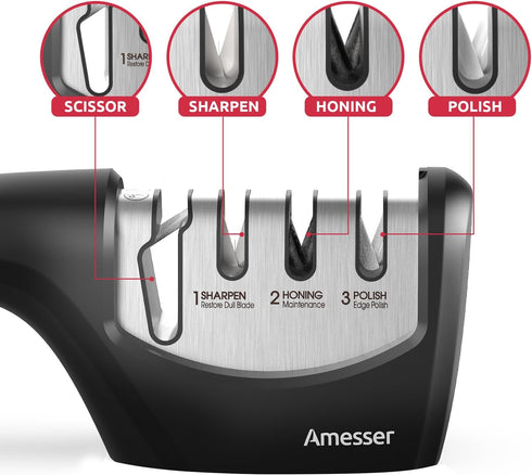 Knife Sharpener, Amesser 4-in-1 Kitchen Knife Sharpener Effortlessly Sharpen Restore, Hone, and Polish Blades Quickly for Kitchen Knives, Pocket K...