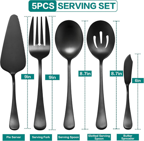 LIANYU 5-Piece Matte Black Serving Utensils Set, Stainless Steel Serving Set Include Serving Spoon Fork, Flatware Serving Pieces for Buffet Cateri...
