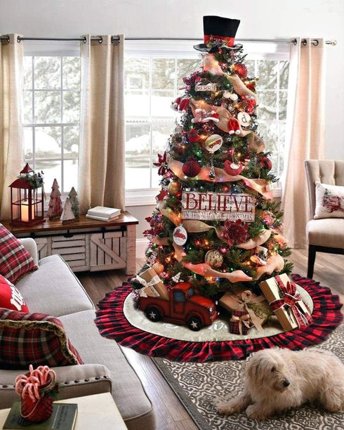 AISENO 48 Inch Christmas Tree Skirt Linen Burlap Buffalo Plaid Edge Decoration for Merry Christmas Party Red and Black Buffalo Christmas Tree Skir...