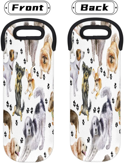 Pattern Animal Dog Wine Bag Neoprene Wine Tote Bags Leakproof Travel Wine Tote with Handle Reusable Cooler Bag for Camping Picnic Travel Wine Love...