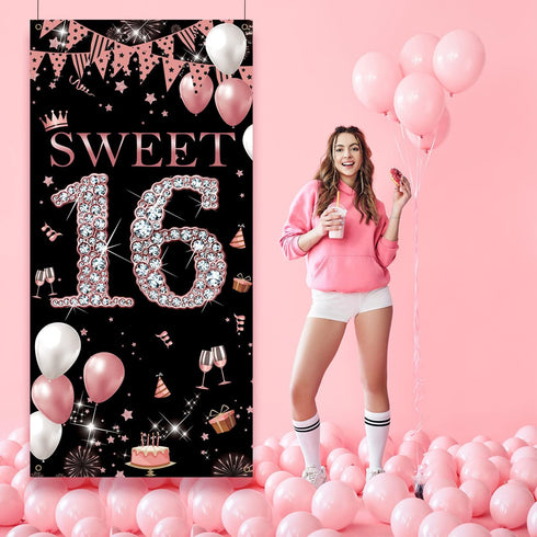 Sweet 16 Birthday Door Banner Backdrop, Happy 16th Birthday Decorations for Girls, Sweet Sixteen Door Cover Rose Gold, 16 Door Poster Sign Birthda...