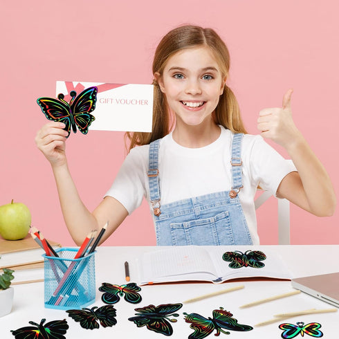 Sratte 120 Pcs Butterfly Scratch Cards 12 Styles Rainbow Spring Scratch Crafts Butterfly Party Favors with 60 Bamboo Stylus Kids' Paper Craft Kits...