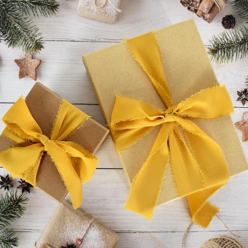 TONIFUL 4 Rolls Silk Chiffon Ribbon, 1-1/2 Inch x 22yds, Gold Chiffon Ribbons, Handmade Fringe Silk Ribbon Frayed Edges for Gift Wrapping Bridal B...