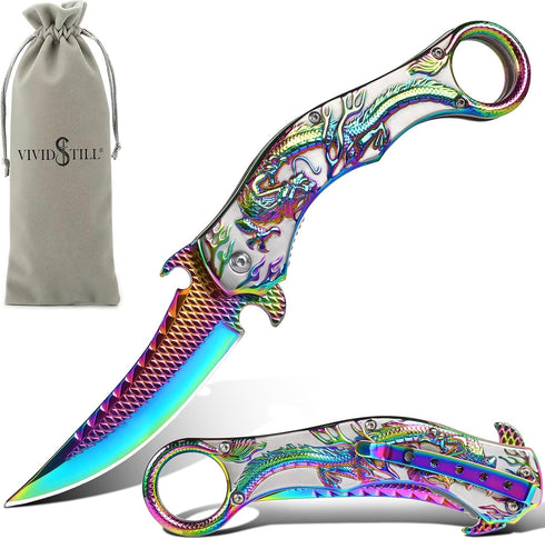 Pocket Knife for Men, Cool Folding Knife With Embossed 3D Dragon Relief, Great Gift Edc Knife For Men Outdoor Survival Camping Hiking (Rainbow)...