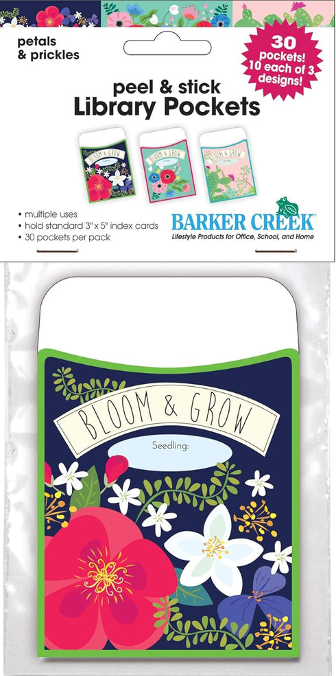 Barker Creek Peel & Stick Library Pockets, Petals & Prickles, 3 Designs, Great for Holding Library, Index, and Flash Cards, Hall Passes, Recipes, ...