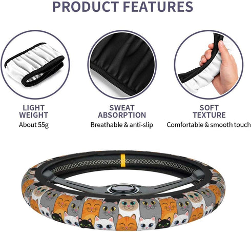 Delerain Cute Cats Kittens Steering Wheel Covers, Anti Slip Elasticity Car Accessories Steering Wheel Protector Universal 15 Inch for Women Man...