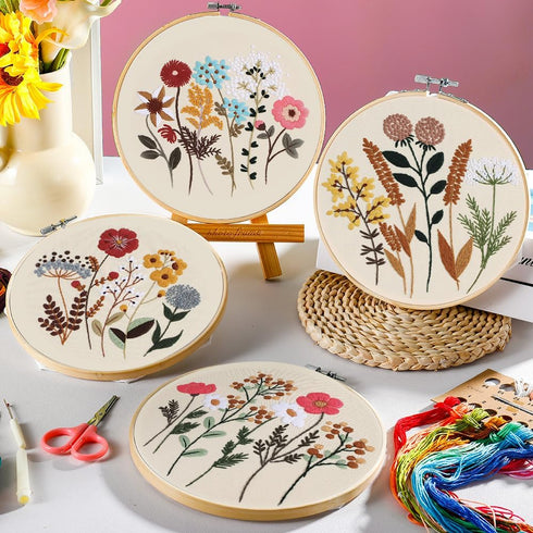 Embroidery Kit for Adults, 4 Sets Cross Stitch Kits for Beginners with Stamped Flower Pattern, Starter Kits for Hand Craft Lover with Bamboo Hoop,...