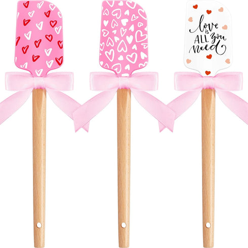 3 Pcs Valentine Silicone Spatulas with Wooden Handles Valentine Pattern Heat Resistant Baking Silicone Spatulas with Pink Satin Ribbon Bows for Ba...