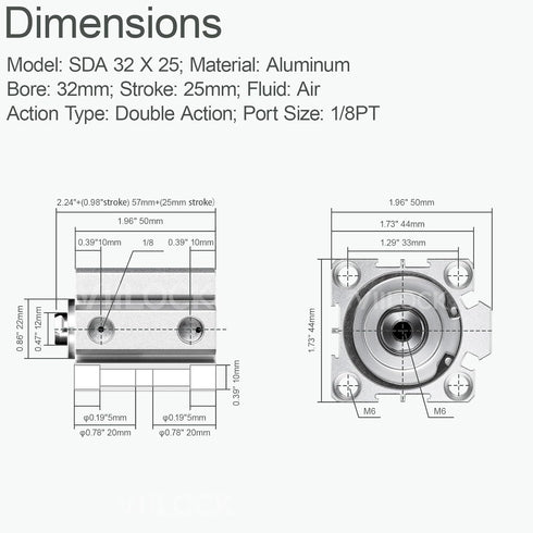 Pneumatic Air Cylinder 32mm Bore 25mm Stroke, Thin Air Cylinder Double Action Hydraulic Cylinders SDA 32 X 25...