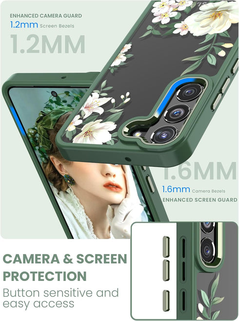 Dretal for Samsung Galaxy S22 5G Case Floral, Military Grade Drop Tested Hard Back & Soft Edge Slim Flower Women Girls Phone Protective Cover + Te...