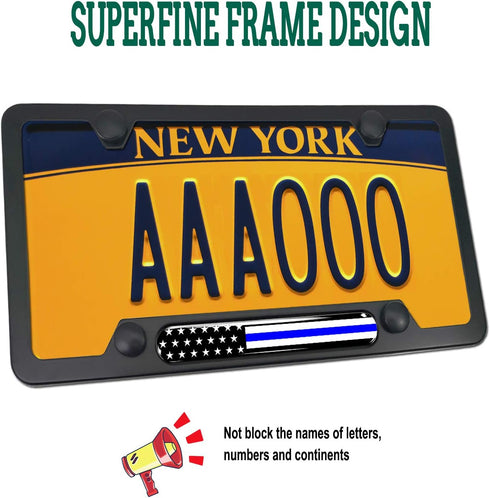 Police Thin Blue Line License Plate Frame-American Flag Patriotic Car Tag Holder, USA Black Aluminum Bracket with Screw, Cap Covers, Decal, Novelt...