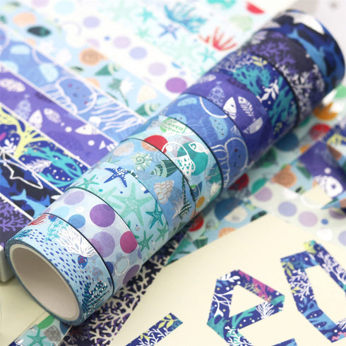 YUBX Ocean Blue Washi Tape Set 10 Rolls Silver Foil Print Decorative Masking Tapes for Arts, DIY Crafts, Journals, Planners, Scrapbook, Wrapping (...