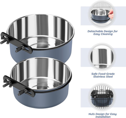 Dog Kennel Bowls for Crates, Hanging Dog Crate Water Bowls No Spill, 2 Pack Kennel Food Water Bowl Mountable Cage Accessories, Stainless Steel Pet...