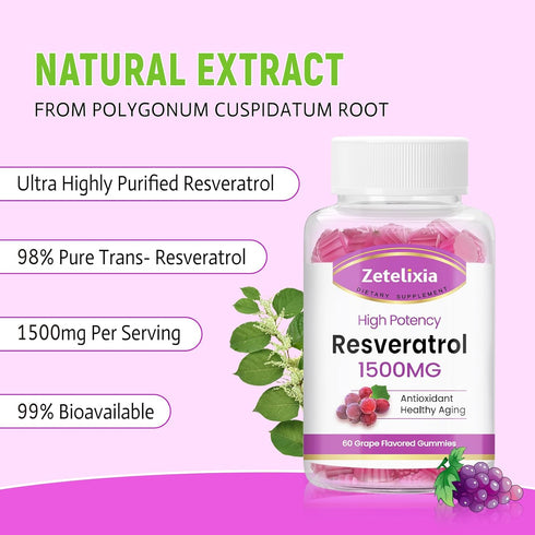 Sugar Free Resveratrol Gummies 1500mg - High Purity Resveratrol Supplement for Antioxidant, Healthy Aging, Skin, Brain, Organic - 60 Gummies...