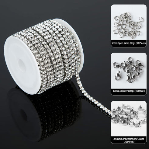 UMAOKANG 16.4 Feet Clear Crystal Rhinestone Close Chain, Silver Stainless Steel Trimming Claw Chains for Bracelet Jewelry Making with Lobster Clas...