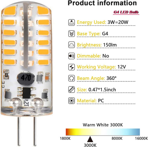 G4 LED Bulbs 12V 3W Bi-Pin LED Light Bulbs 48×3014 SMD 20W Halogen Bulb Replacement Silicone Coated Shatterproof 220 Lumens 360° Beam Angle AC/DC ...