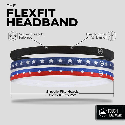 Tough Headwear Thin Elastic Headbands, Sports Headbands for Women & Men - Mens Workout Headband - Running or Soccer Headband - 6-Pack...