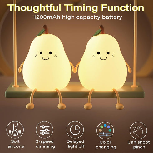 Cute Night Light Rechargeable with 7 Color Changing and Timer, Kids Pear Night Light for Toddler Baby Christmas Gifts, Touch Portable LED Silicone...