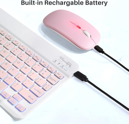 Bluetooth Keyboard and Mouse Combo for iPad - Rechargeable Wireless Keyboard & Mouse with 7-Color Backlit Compatible with iPad 9th/8th Gen, iPad P...