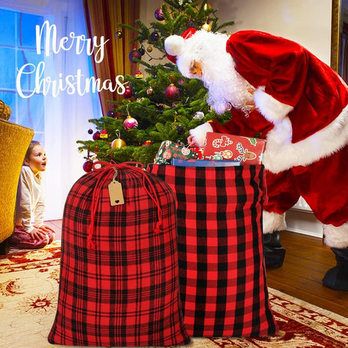 HRX Package 2pcs Cotton Santa Bag, 28x20 inch Plaid Fabric Drawstring Christmas Bags, Reusable Cloth Wrapping Bag with Gift Tag for Xmas Presents...