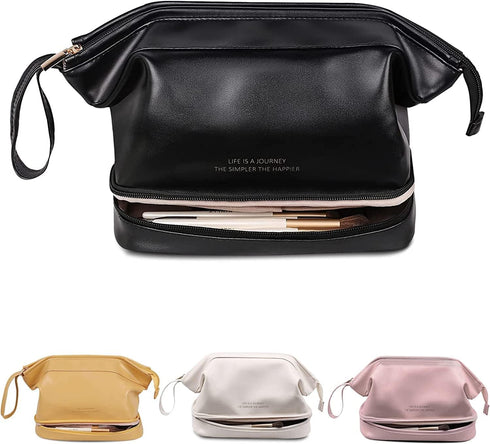 Travel Makeup Bag,Double Layer Cosmetic Bag,Large Zipper Pouch Makeup Organizer Bag,Waterproof Leather Makeup Bag,Portable Leather Toiletry Bag fo...