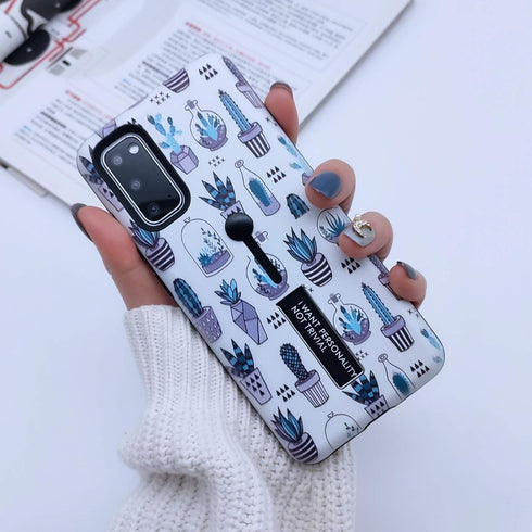 Compatible with Samsung Galaxy S20+ Plus Case Finger Grip,3D Embossed Grey Cactus White Shell Design, Rugged Shockproof Slim Fit Dual Layer Finger...