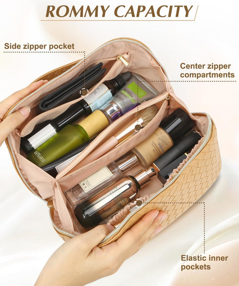 Makeup Bag Cosmetic Bag, Travel Makeup Bag Portable PU Leather Waterproof Bags with Handle Makeup Bags for Women Portable Pouch Open Flat Make Up ...