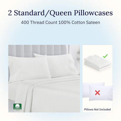 California Design Den Standard Queen Size Pillowcase Set - 400 Thread Count, 100% Cotton Sateen, Set of 2 Pillow Covers, Breathable, Cooling, Soft...