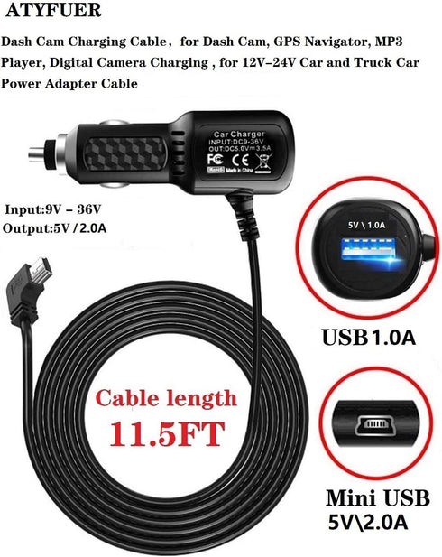 Dash Cam Charger Cable, 11.5FT Mini USB for 12V-24V Cars & Trucks, 3-in-1 Charging for Dash Cam, GPS Navigator, Mobile Phones & Other Devices......