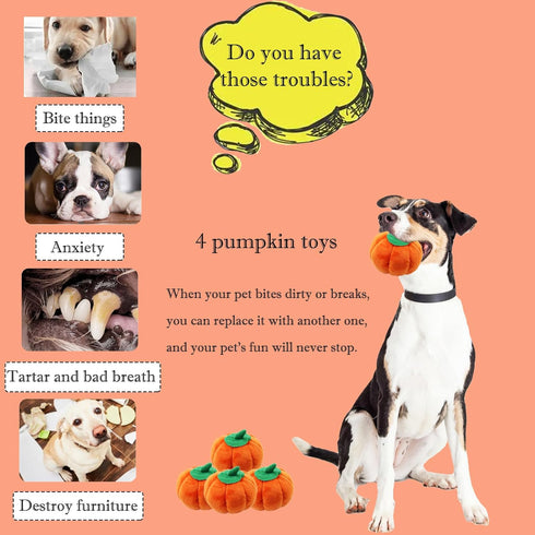 4 Pcs Pumpkin Dog Chew Toys Pet Squeaky Toy Halloween Plush Cat Playing Toys Teeth Grinding Pet Training Toy for Dog Cat Relief Decompression (Pum...