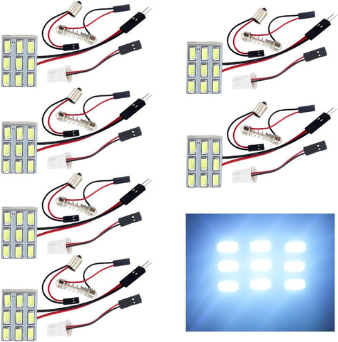 YM E-Bright 6-Pack Cool White 5730 9SMD Led Panel Dome Light Auto Car Reading Interior Light DC 12V With T10 / BA9S / Festoon Adapters...