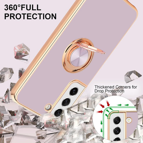 Compatible with Samsung Galaxy S21 Case, Finger Ring Holder Case Rose Gold Plating Design for Women Girls Rotating Holder Kickstand Magnetic Shock...