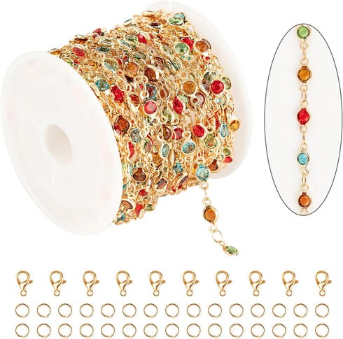 KYUNHOO 5M Colorful Crystal Rhinestones Jewelry Chain Link Gold Plated Brass Chain Bulk for Women Necklace Making Jewelry Supplies DIY Handcrafts ...