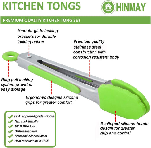 Mini Tongs with Silicone Tips 7 Inch Small Cooking Tongs, Set of 3 (Green)...